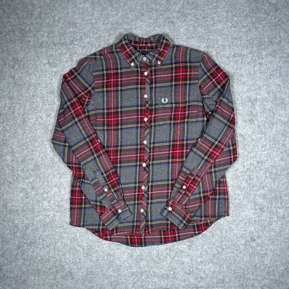 Fred Perry Shirt Womens 2 Gray Plaid Flannel Button Down Laurel Wreath Preppy
